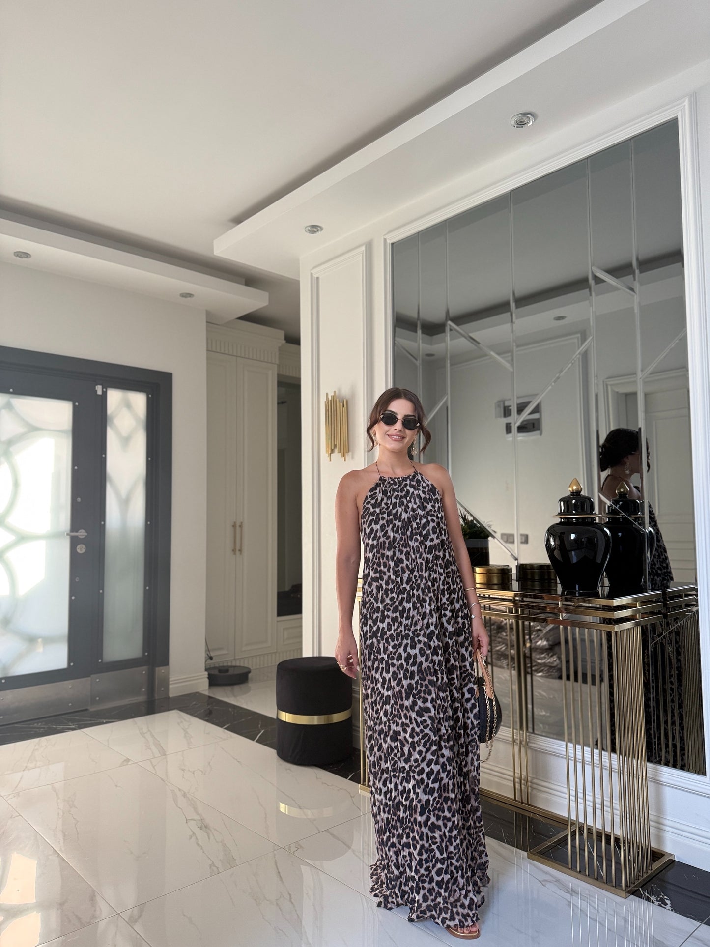 Leopar Sırt Detaylı Astarlı Şifon Elbise