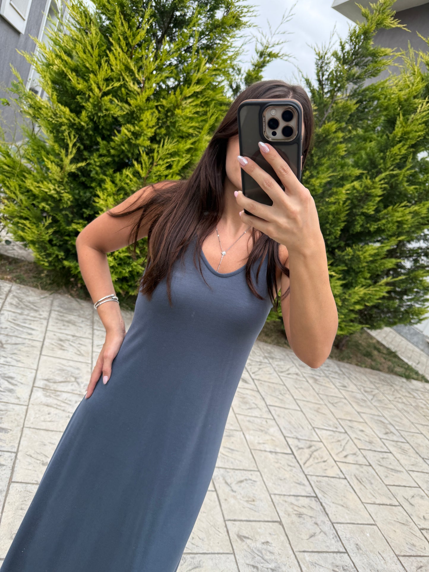 Füme Askılı Modal Maxi Elbise