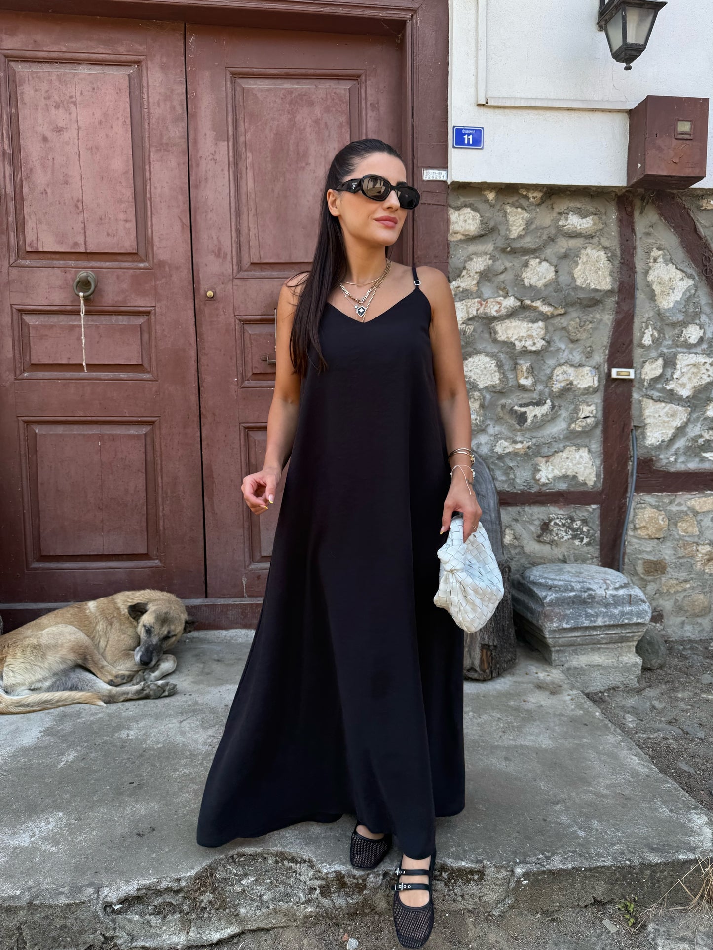 Siyah Tensel Maxi Askılı Elbise