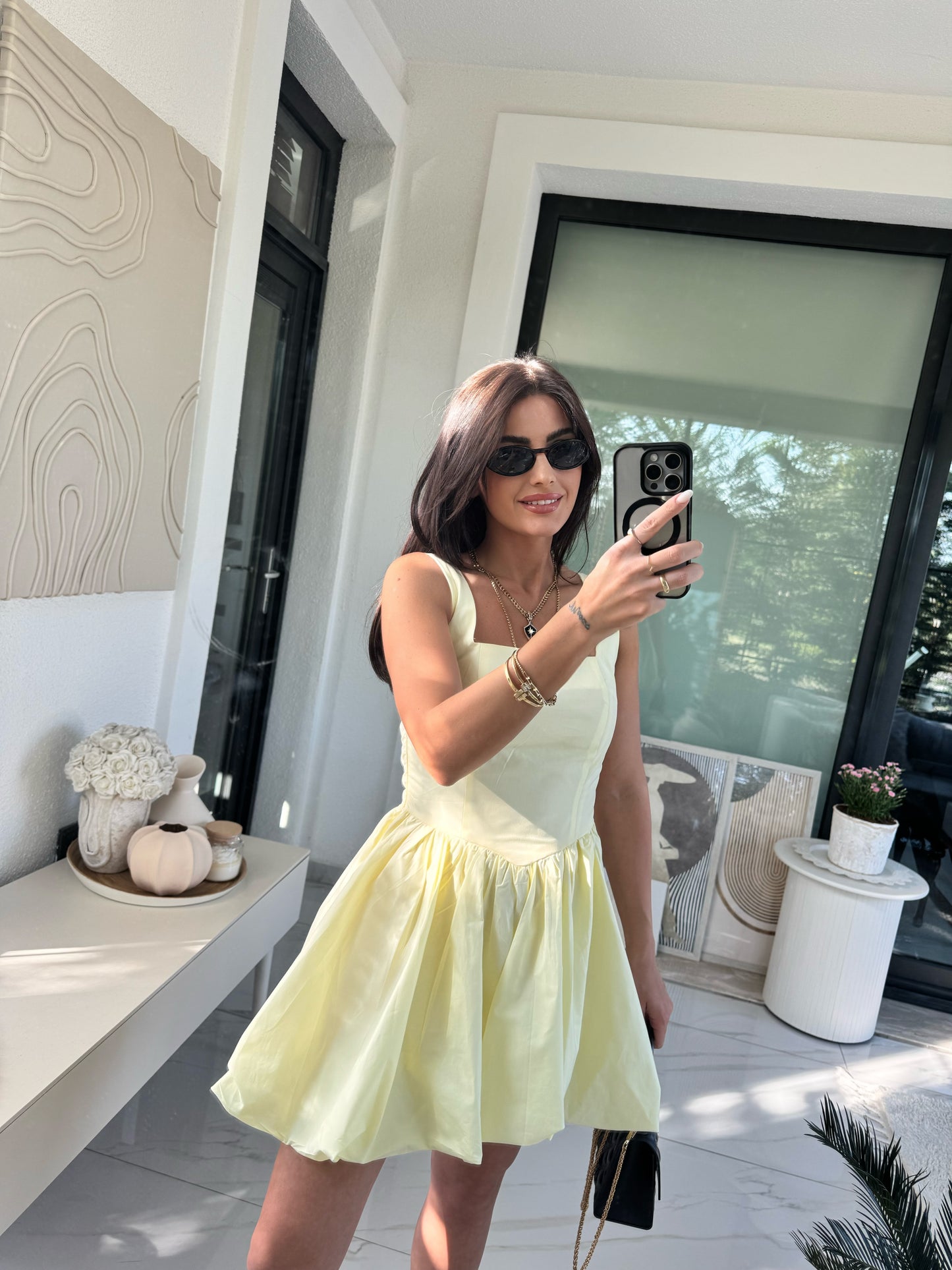 Sarı Askılı Balon Elbise