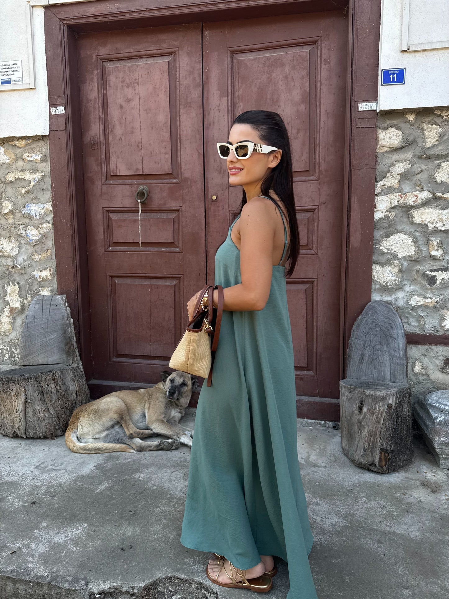 Mint Tensel Askılı Maxi Elbise