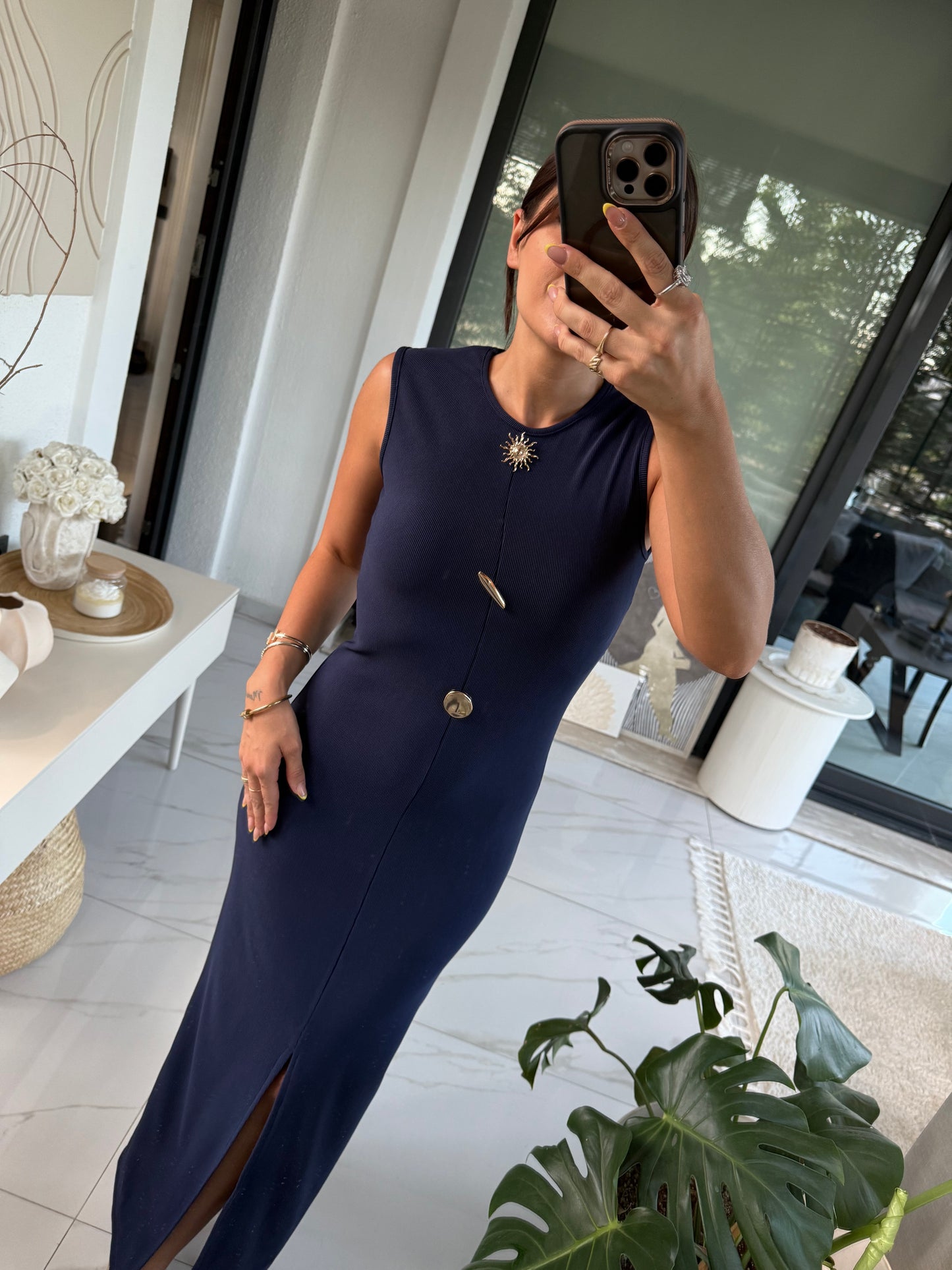 Lacivert Gold Aksesuarlı Elbise