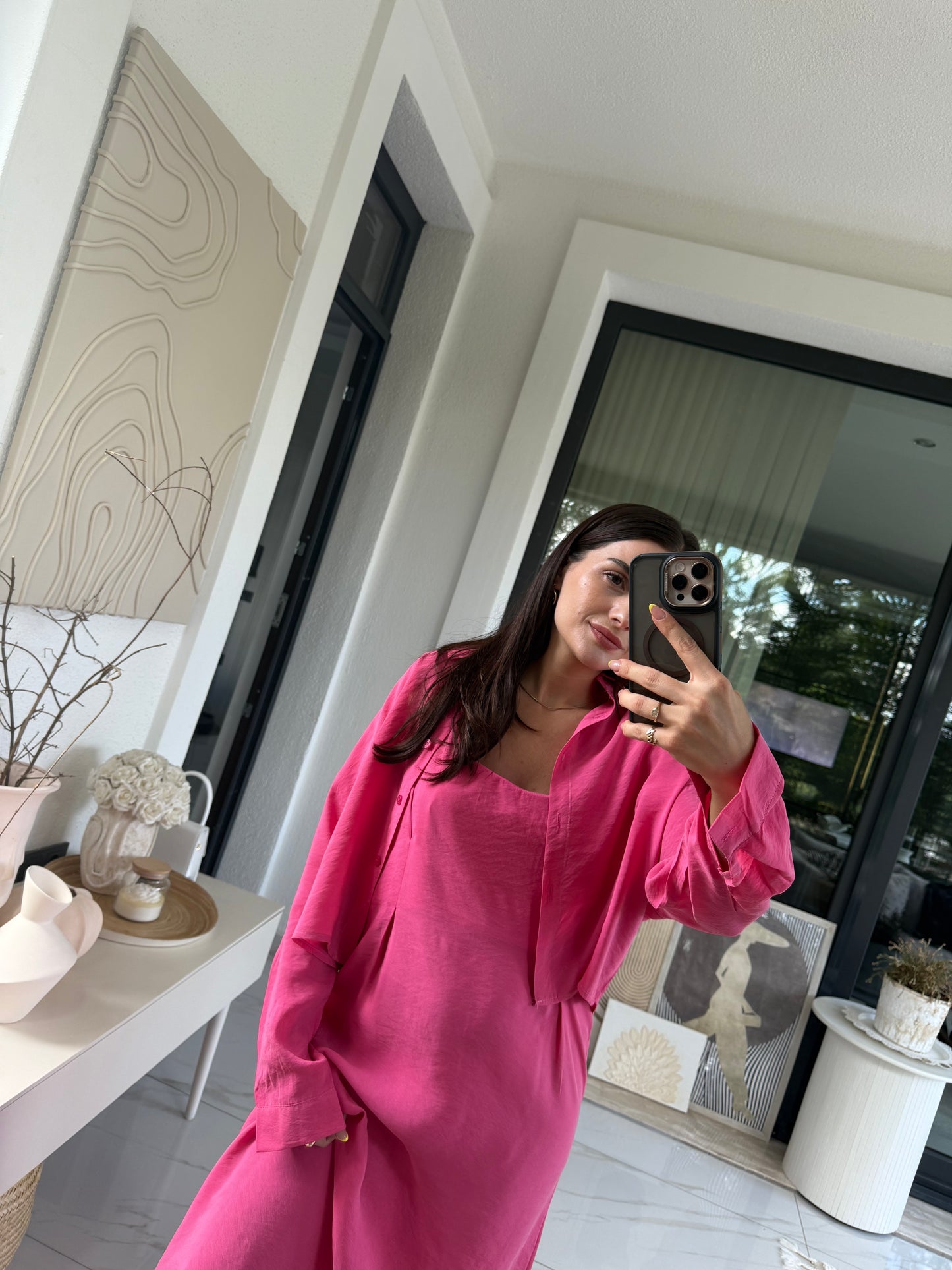 Pembe Askılı Elbise Crop Gömlek Takım