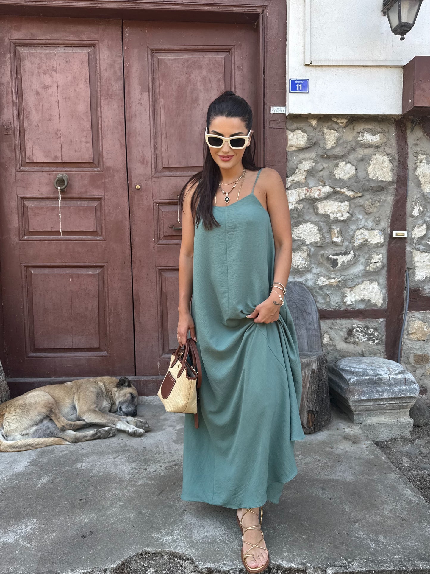 Mint Tensel Askılı Maxi Elbise