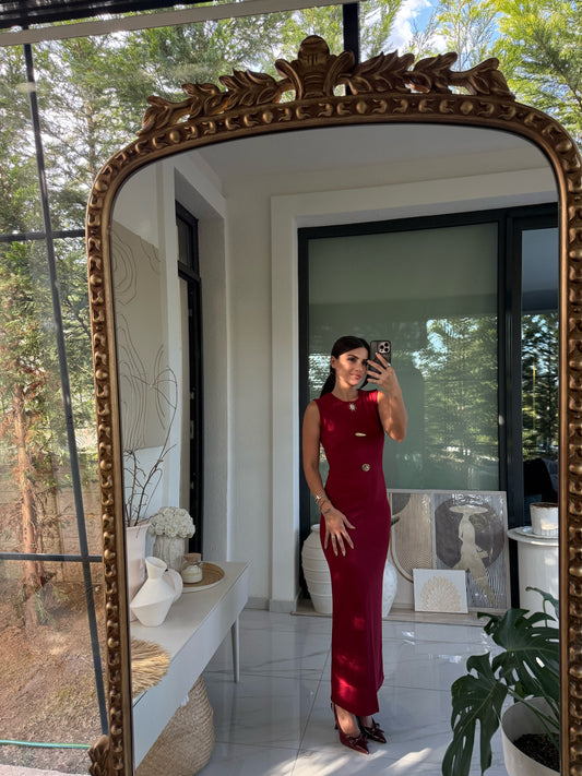Bordo Gold Aksesuarlı Elbise