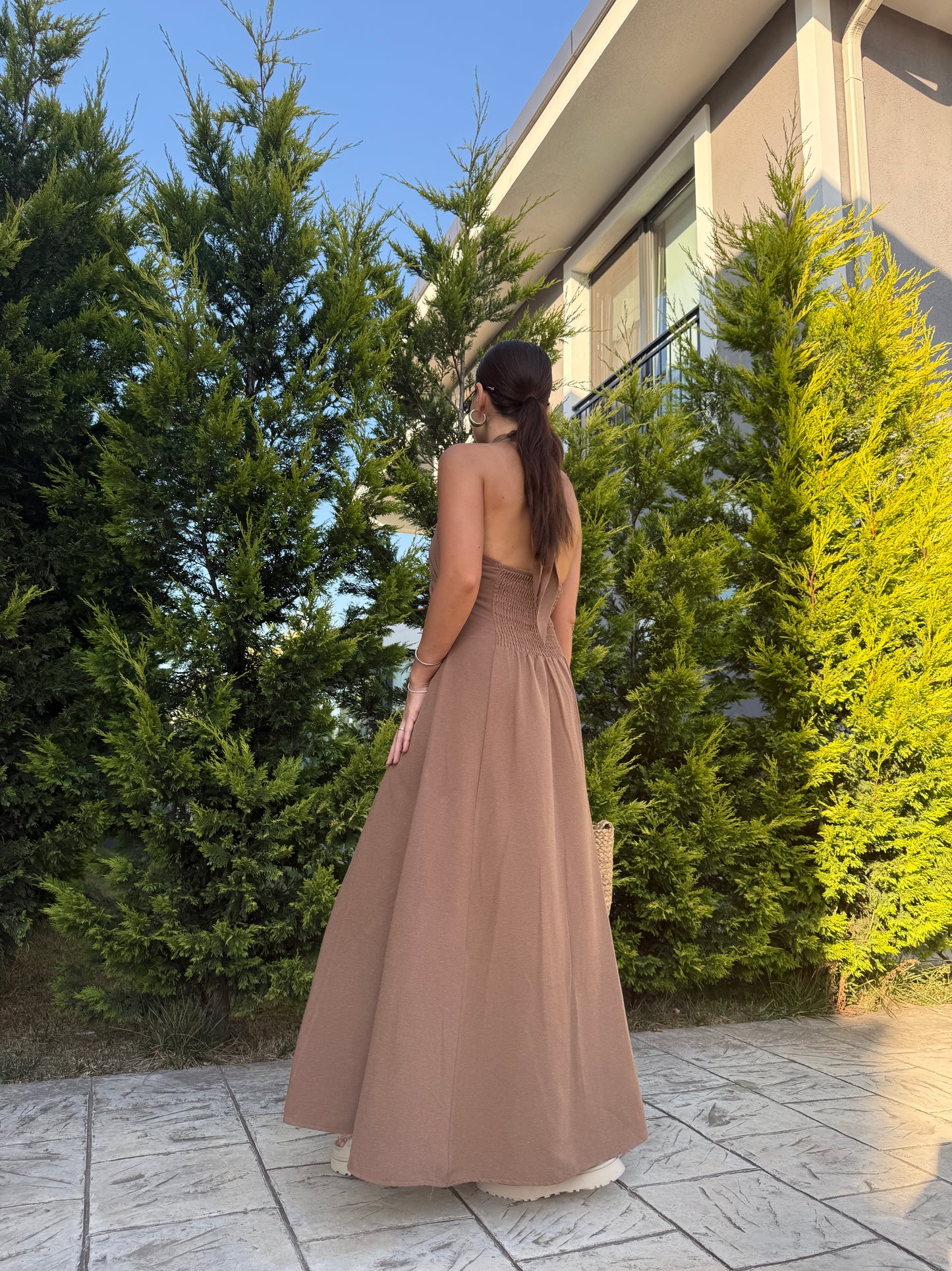 Kahve Çapraz Bağlamalı Keten Elbise