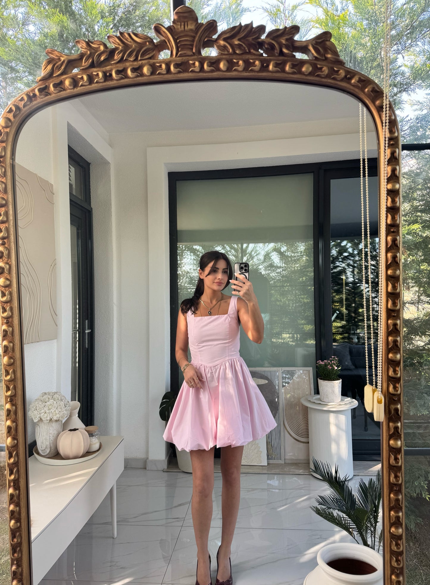Pembe Askılı Balon Elbise