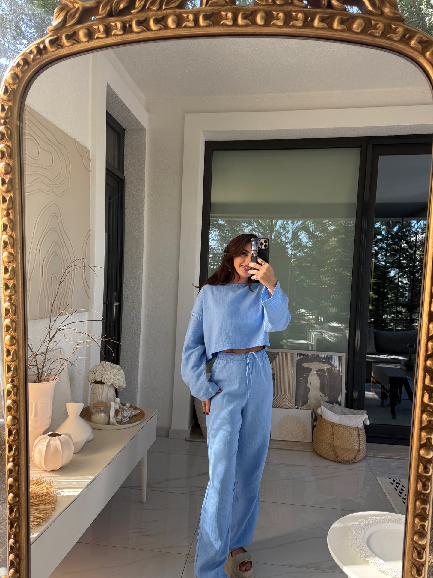 Mavi Müslin Crop Pantolon Takım