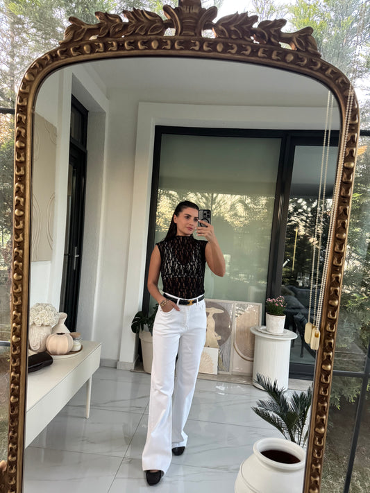 Siyah Dantel Sıfır Kol Bluz