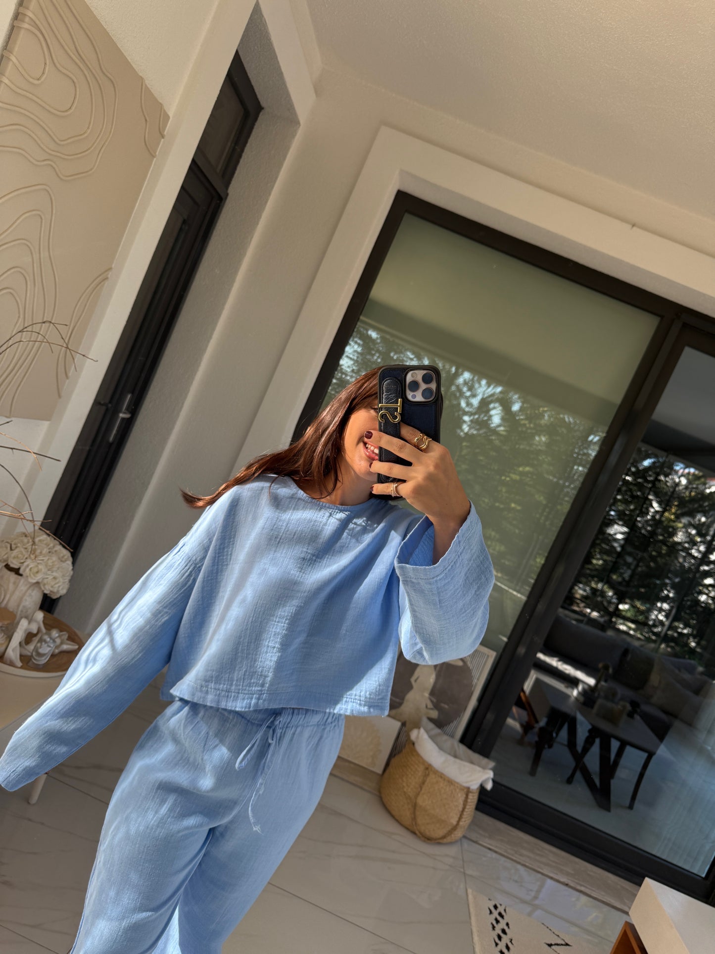 Mavi Müslin Crop Pantolon Takım