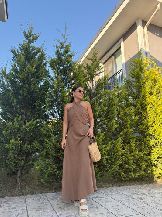 Kahve Çapraz Bağlamalı Keten Elbise