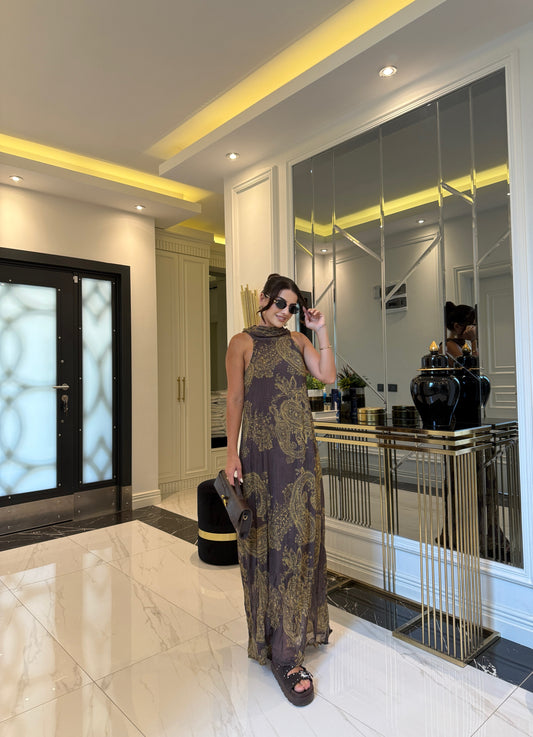 Kahve Gold Desenli Astarlı Şifon Elbise